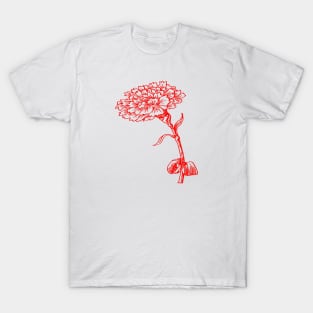 Vintage Carnation Botanical Line Art Illustration Red Ink T-Shirt